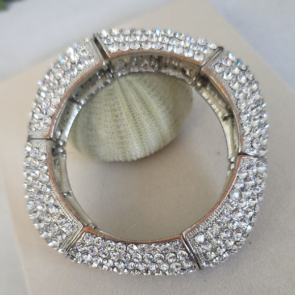 Vintage Sulver Pave-Set Rhinestone Square Stretch Bangle Bracelet - Picture 3 of 11